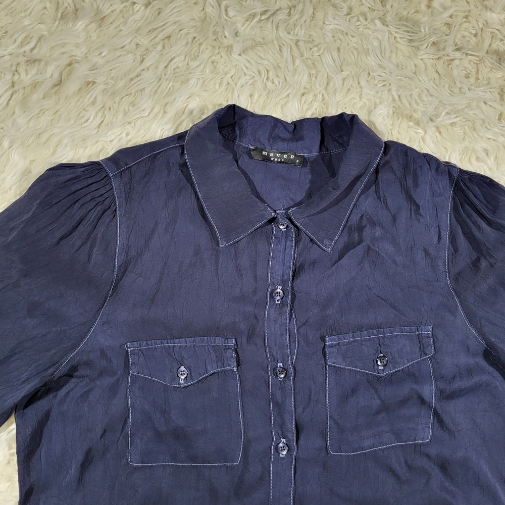 Maven West Navy Blouse Short Sleeve Rib Cuff Med - Picture 2 of 15